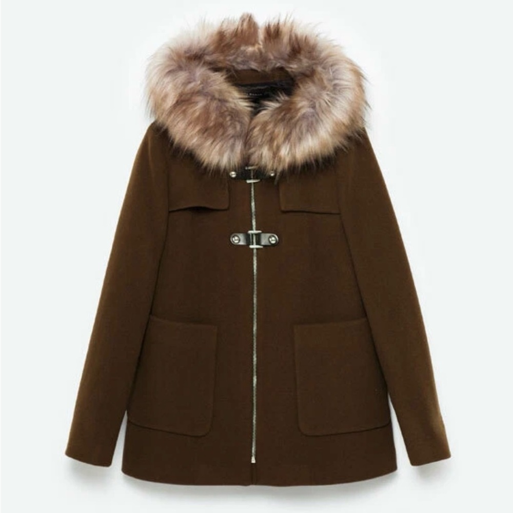 Zara Brown Puffer Coat with Faux Fur Hood